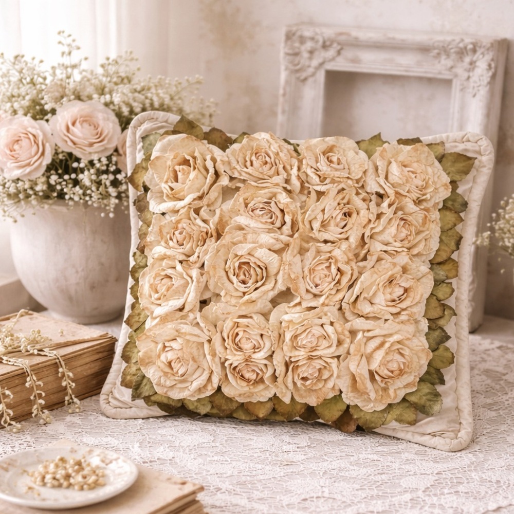 Vintage Handmade Pillow 3D Silk Flowers French Country Cottage Cream Ivory Roses - Picture 8 of 9